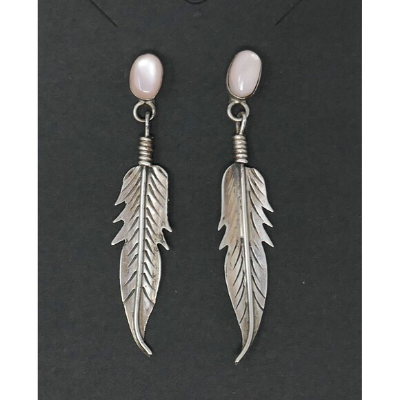 Sterling Silver Pink Mother of Pearl Feather Dangle Earrings - Picture 1 of 8